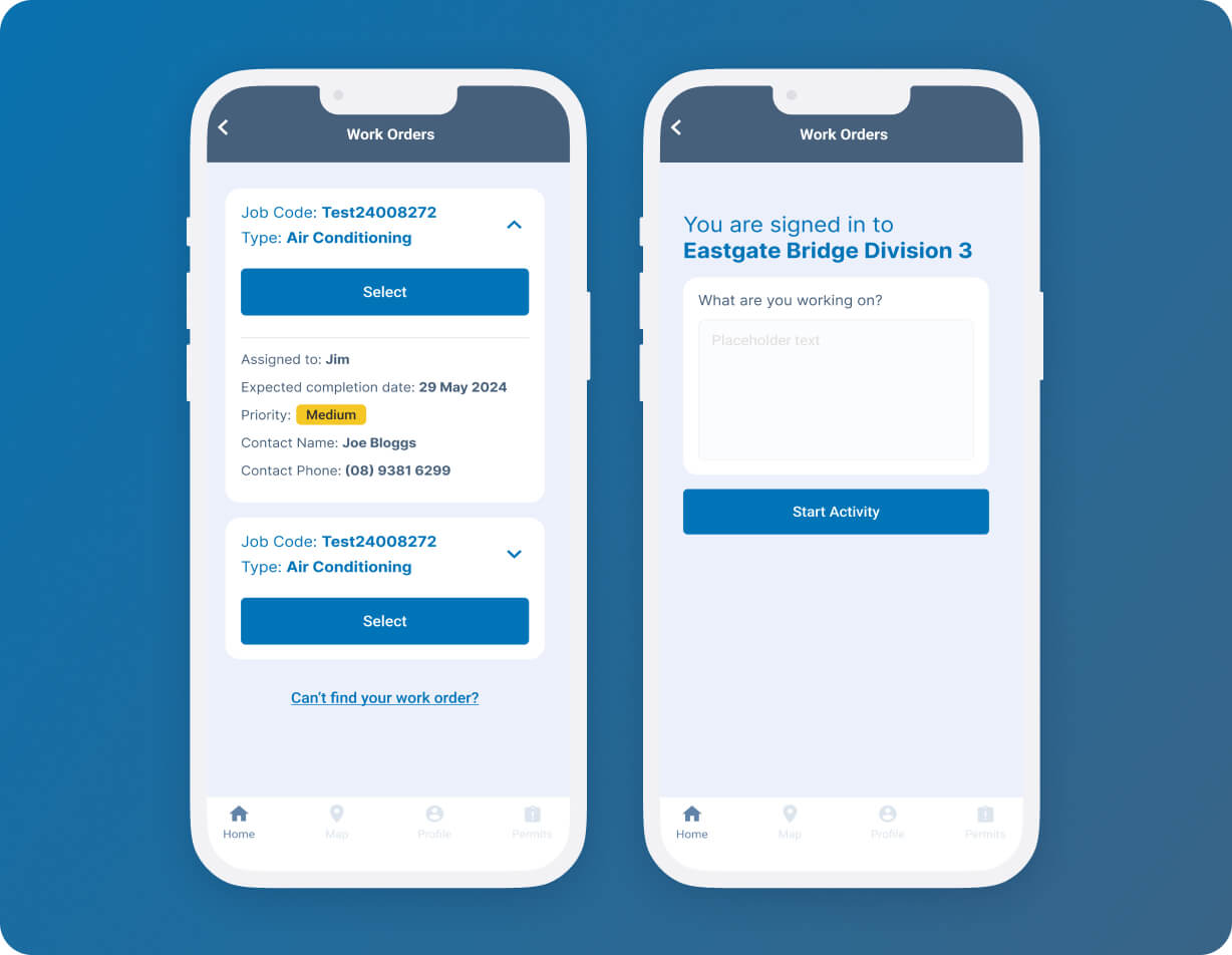 Mobile work order app showing job selection and site sign-in screens